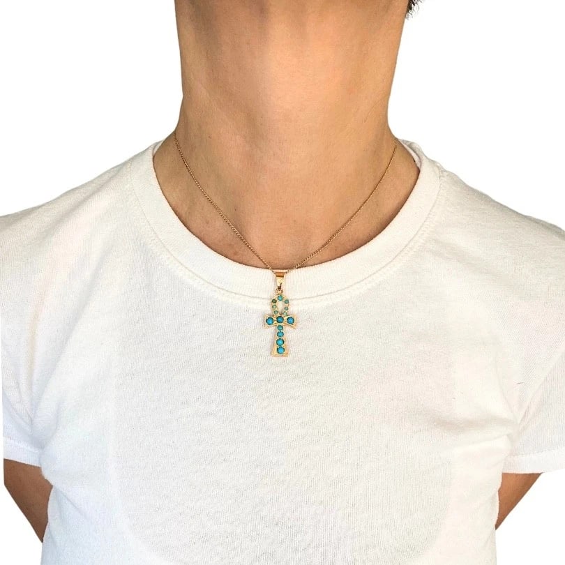 Vintage 21k Gold Turquoise Ankh Pendant 14k Gold Chain Necklace - 2