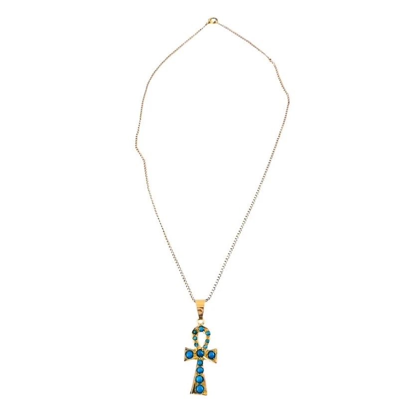 Vintage 21k Gold Turquoise Ankh Pendant 14k Gold Chain Necklace - 7