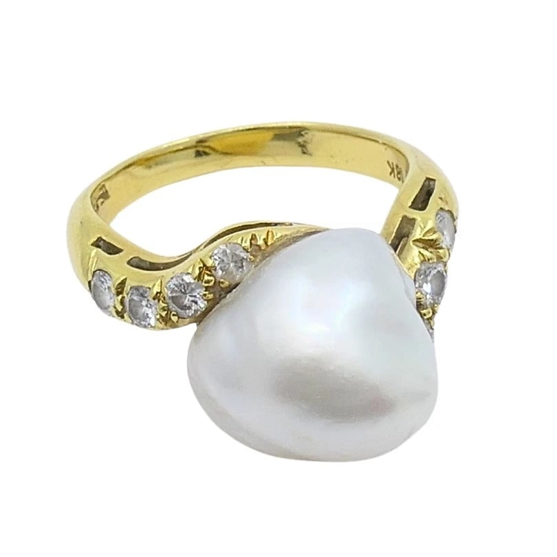Vintage 18k Yellow Gold Baroque Pearl Diamond Ring - 4