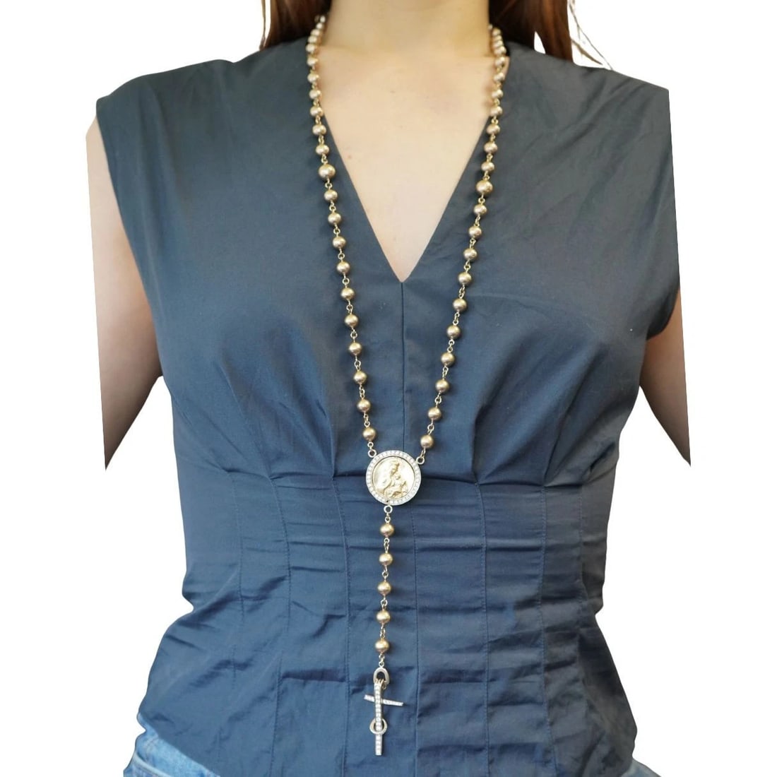 Vintage Rosary 18k Two Tone Gold Diamond Necklace - 2