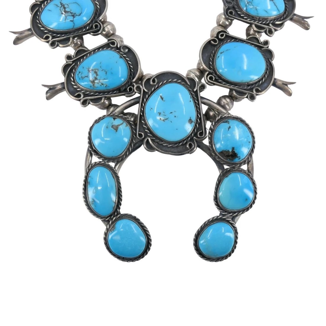 Navajo Native Indian Sterling Silver Turquoise Squash Blossom Necklace - 2