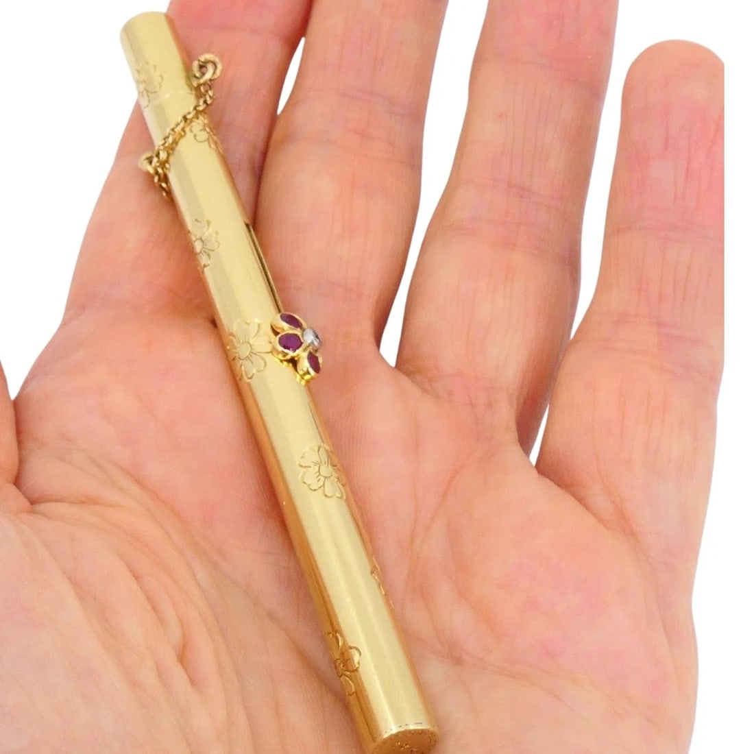 Retro 1940s Van Cleef & Arpels 14k Gold Ruby Pocket Make-Up Brush - 2
