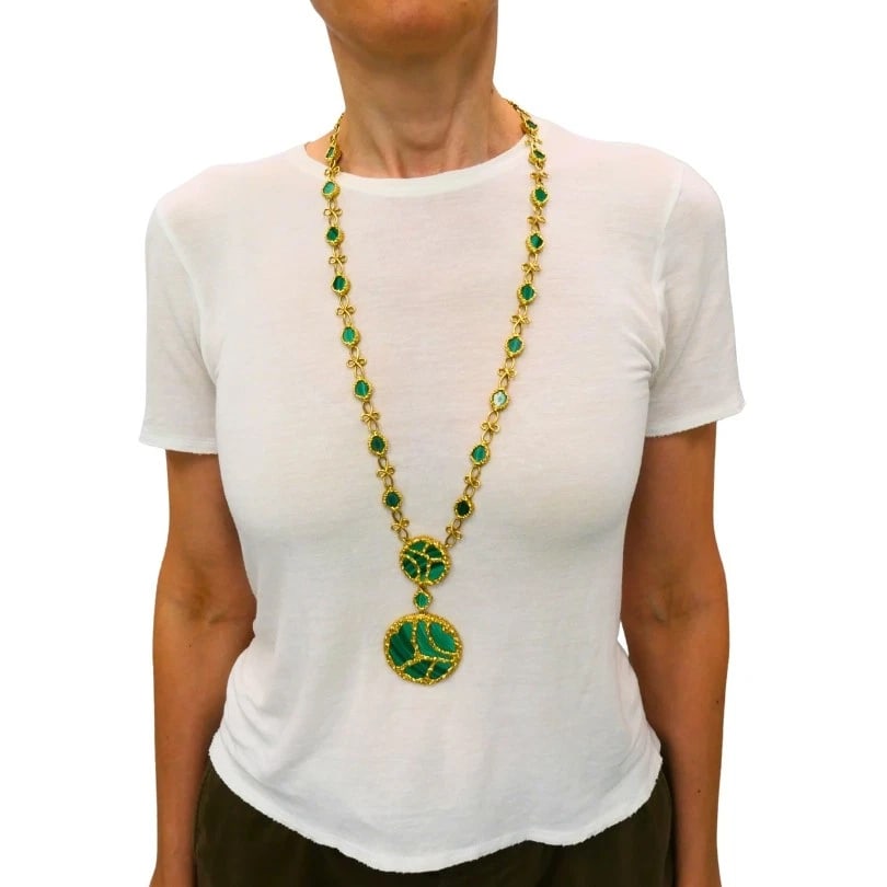 1980s Mauboussin Paris 18k Gold Malachite PENDANT NECKLACE Vintage - 2