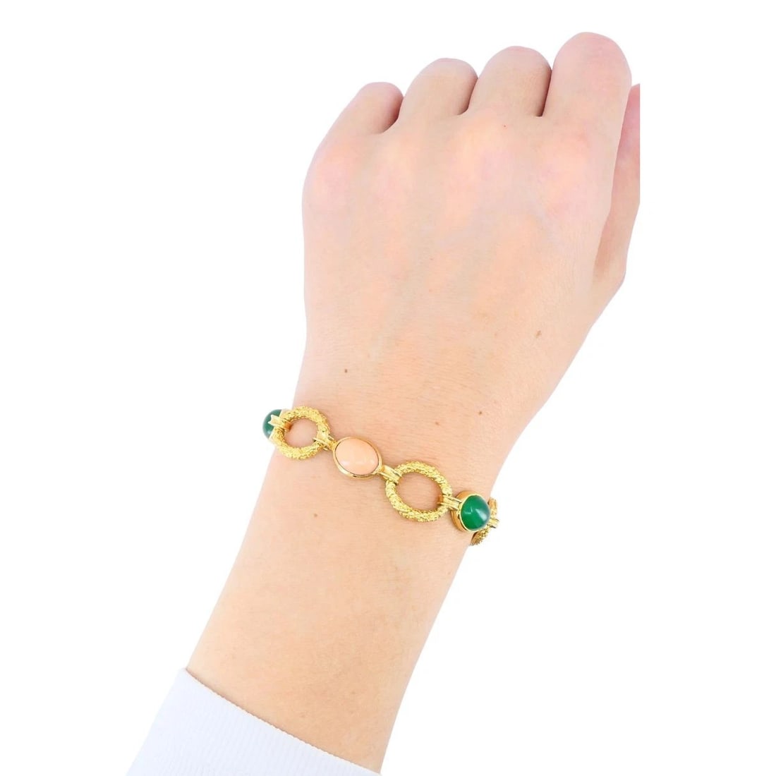 Vintage Van Cleef & Arpels 18k Gold Coral Chrysophrase Link Bracelet - 2