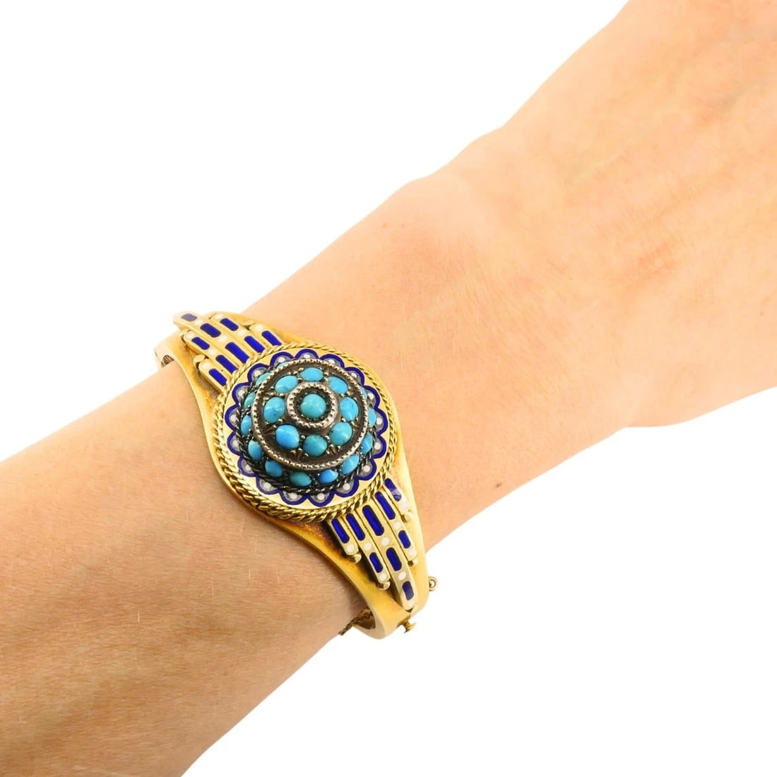 Vintage Turquoise Bracelet Enamel Bangle 14k Gold Silver Accents - 2