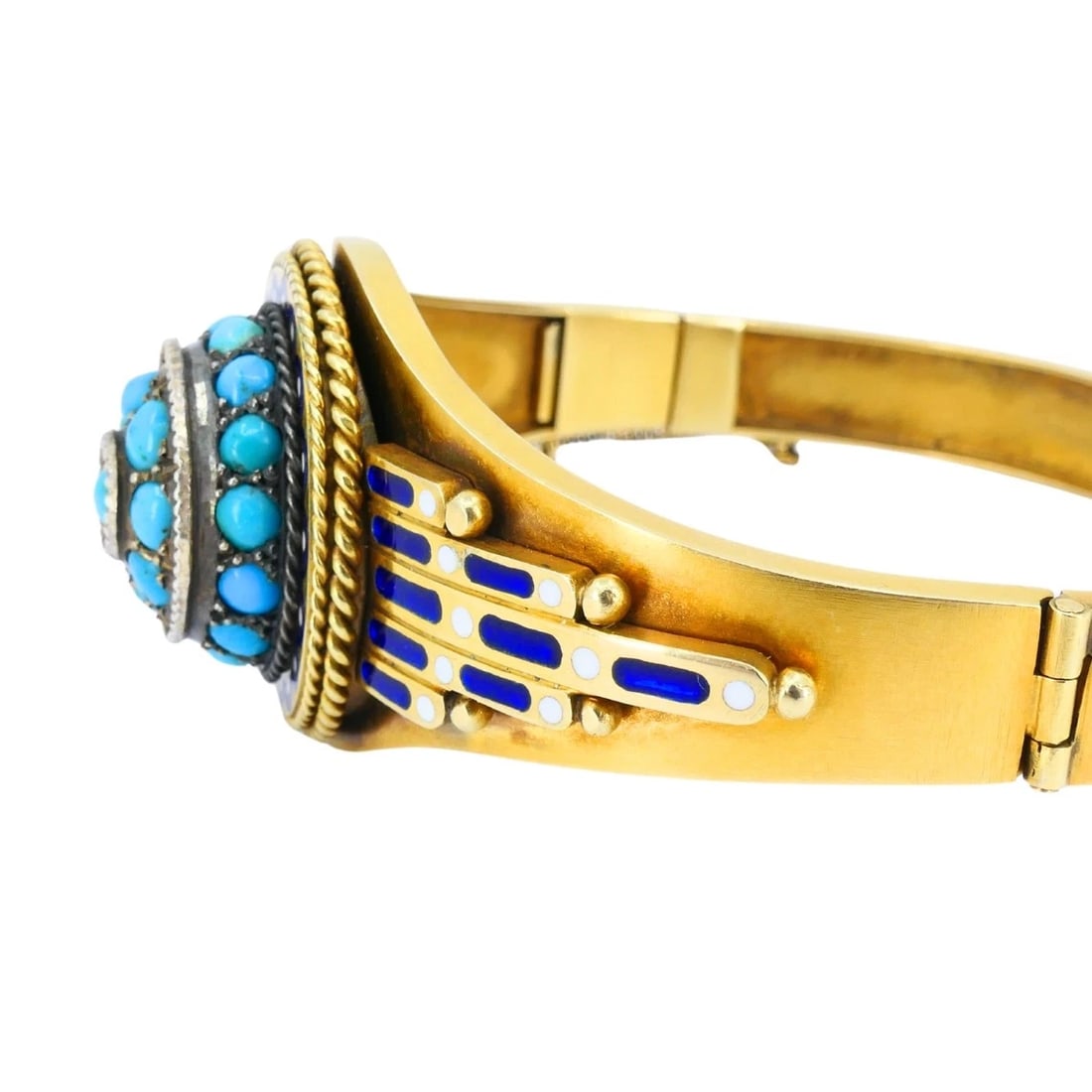 Vintage Turquoise Bracelet Enamel Bangle 14k Gold Silver Accents - 4