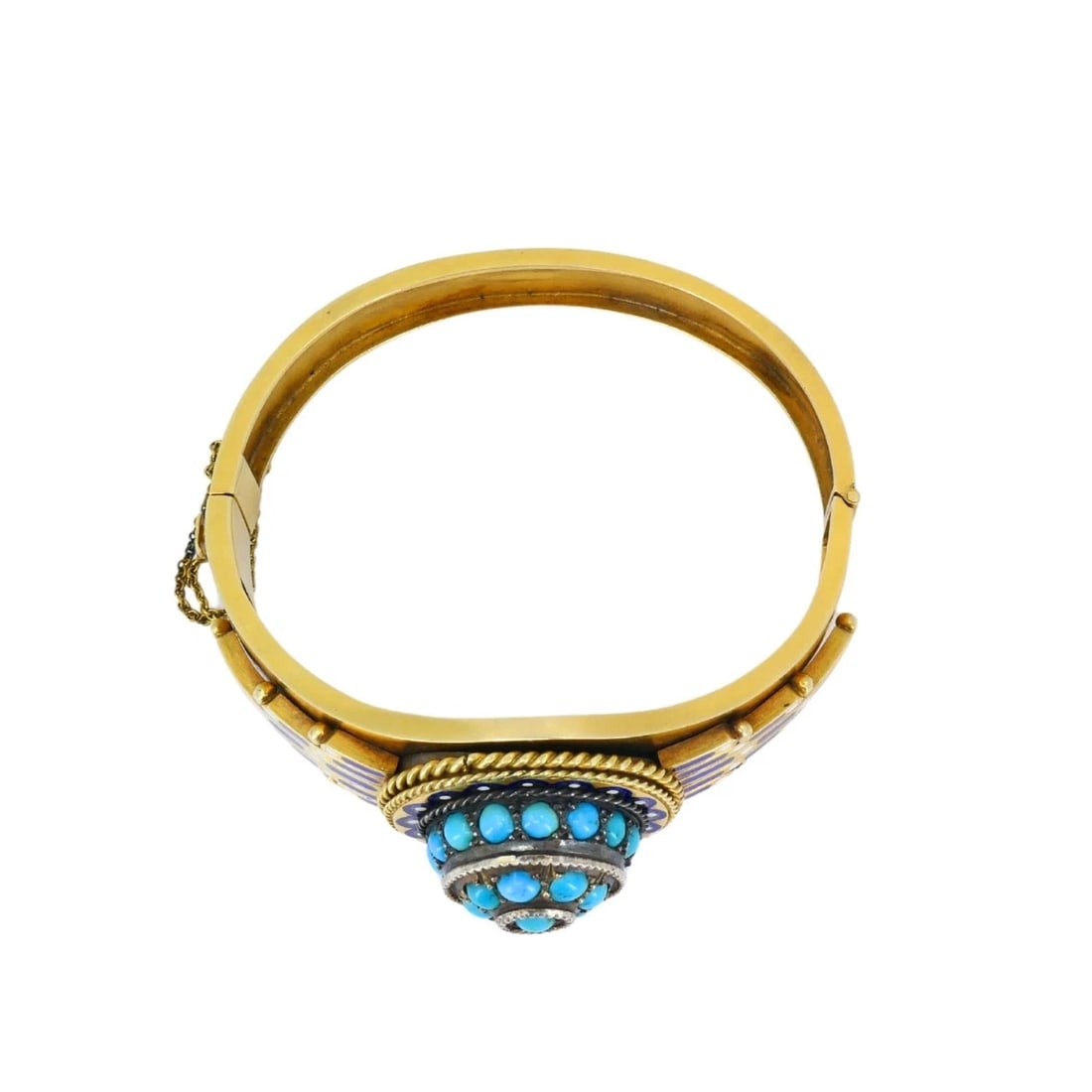 Vintage Turquoise Bracelet Enamel Bangle 14k Gold Silver Accents - 8