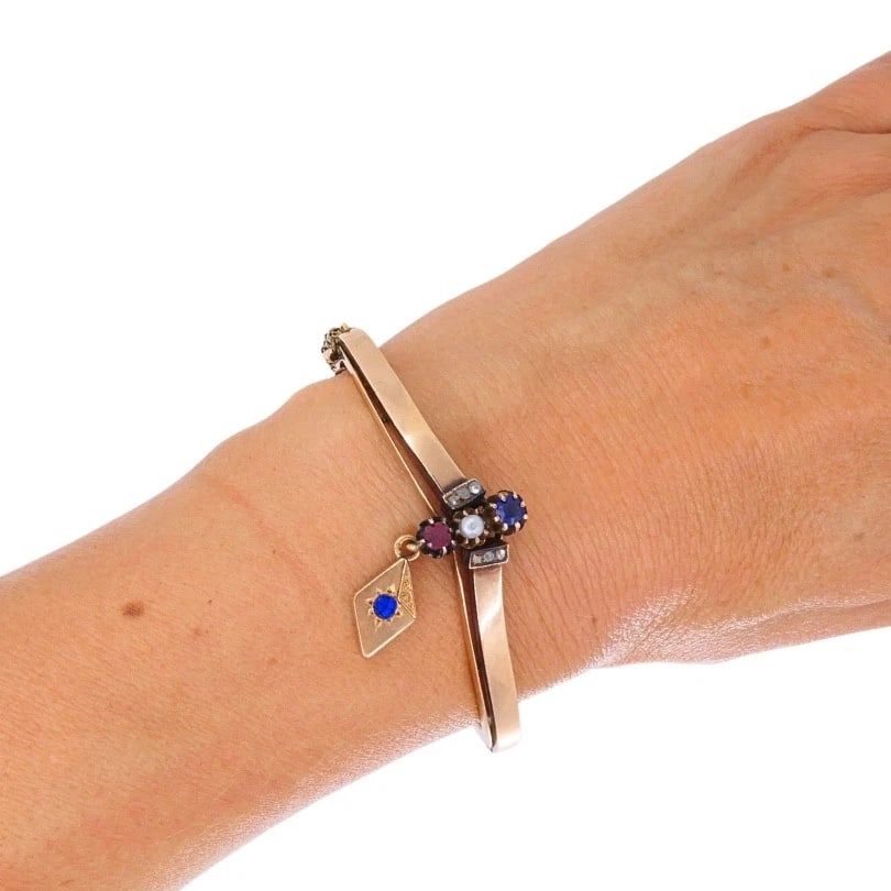 Victorian 14k Gold Gemstone Bangle Bracelet - 2