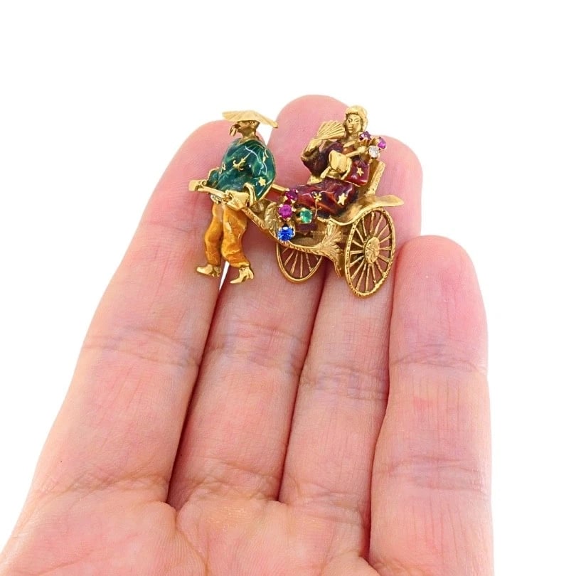 Vintage 18k Gold Enamel Riksha Brooch Pin Gemstone Accents - 2
