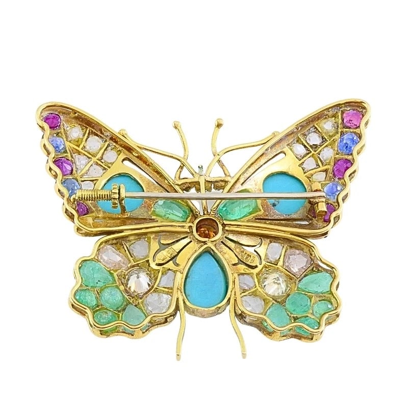 Vintage 18k Gold Multigem Butterfly Brooch Statement Insect Jewelry - 7