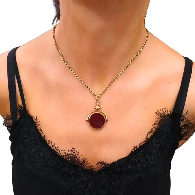Antique 9k Gold Carnelian Bloodstone Pendant 14k Gold Chain Necklace - 2