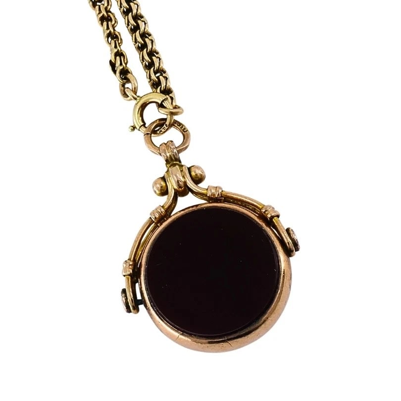 Antique 9k Gold Carnelian Bloodstone Pendant 14k Gold Chain Necklace - 4
