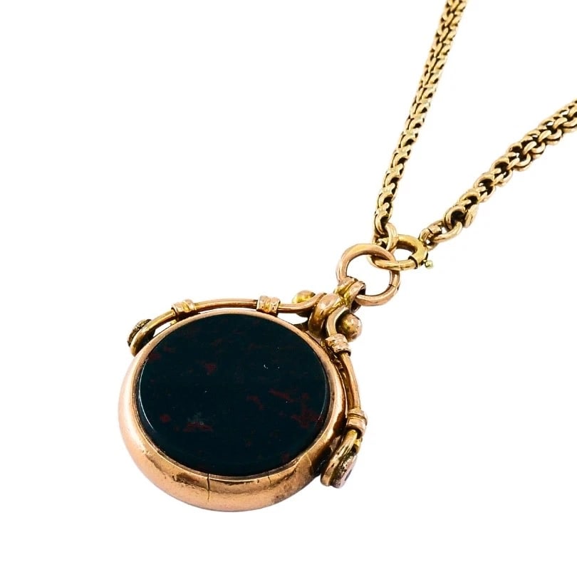 Antique 9k Gold Carnelian Bloodstone Pendant 14k Gold Chain Necklace - 6