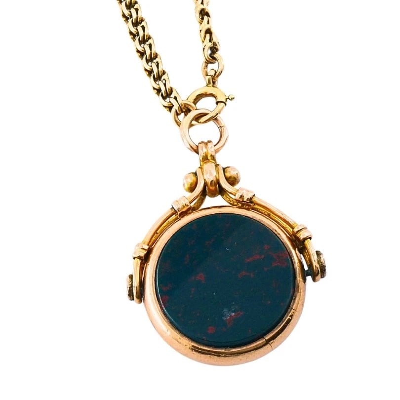 Antique 9k Gold Carnelian Bloodstone Pendant 14k Gold Chain Necklace - 7