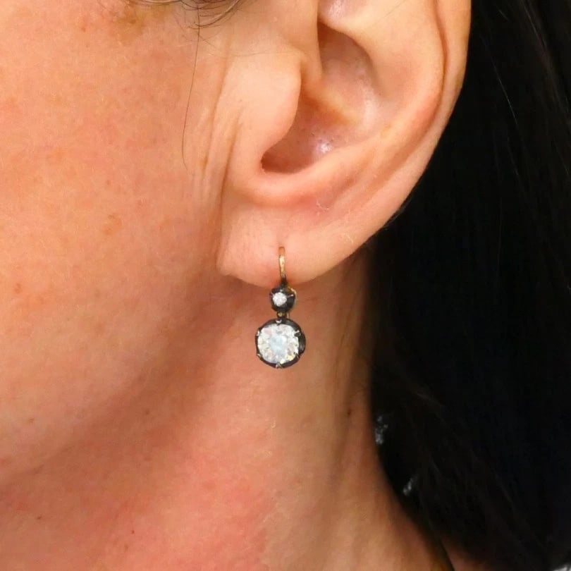 Victorian 14k Gold Silver Two-Stone Diamond EARRINGS Old Mine Cut Antique - 3