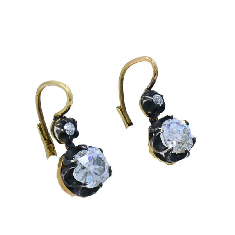 Victorian 14k Gold Silver Two-Stone Diamond EARRINGS Old Mine Cut Antique - 4