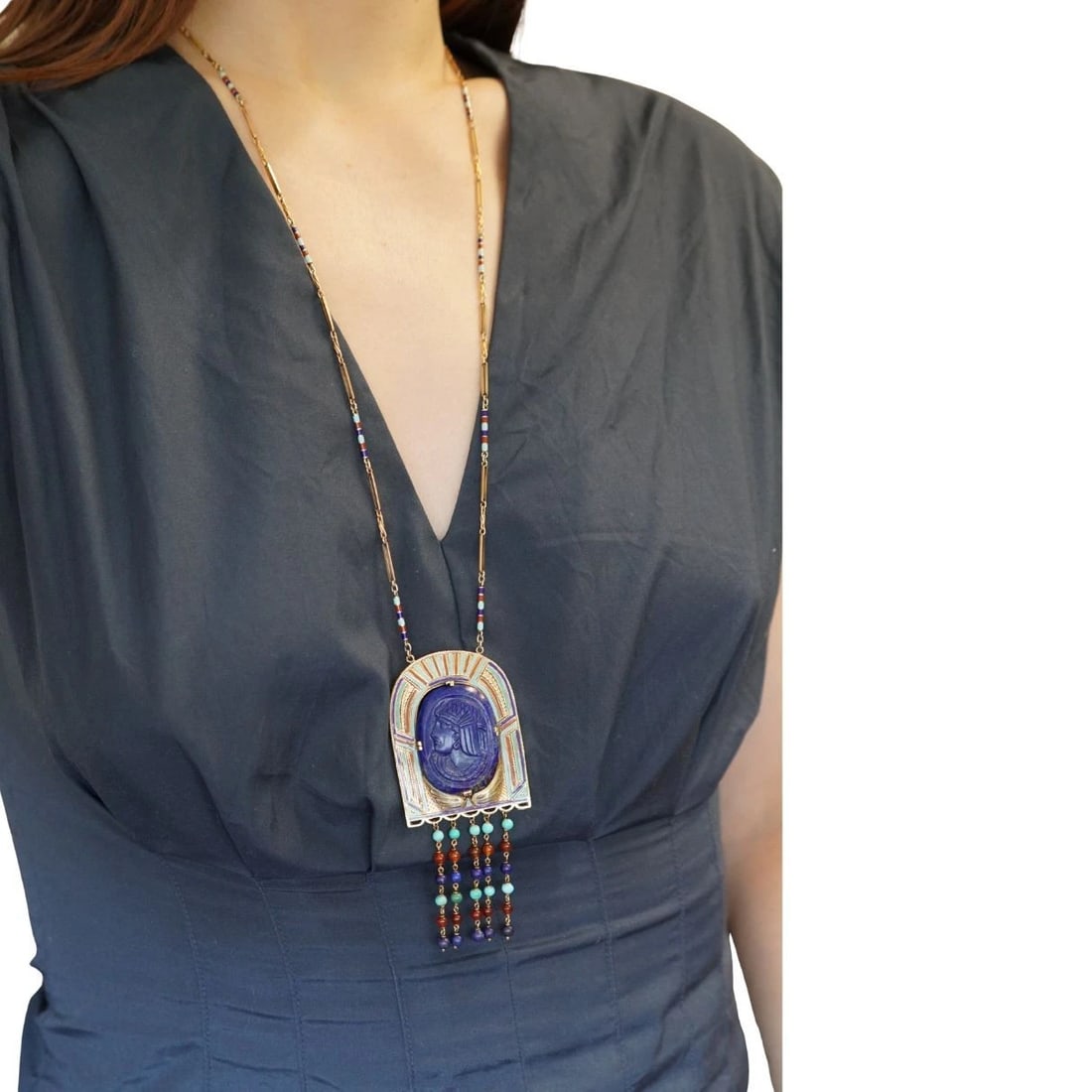 Egyptian Revival 14k Gold Gemstones Enamel Pendant Necklace - 10