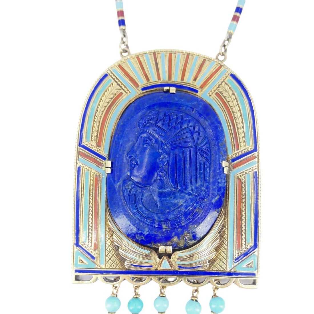 Egyptian Revival 14k Gold Gemstones Enamel Pendant Necklace - 4