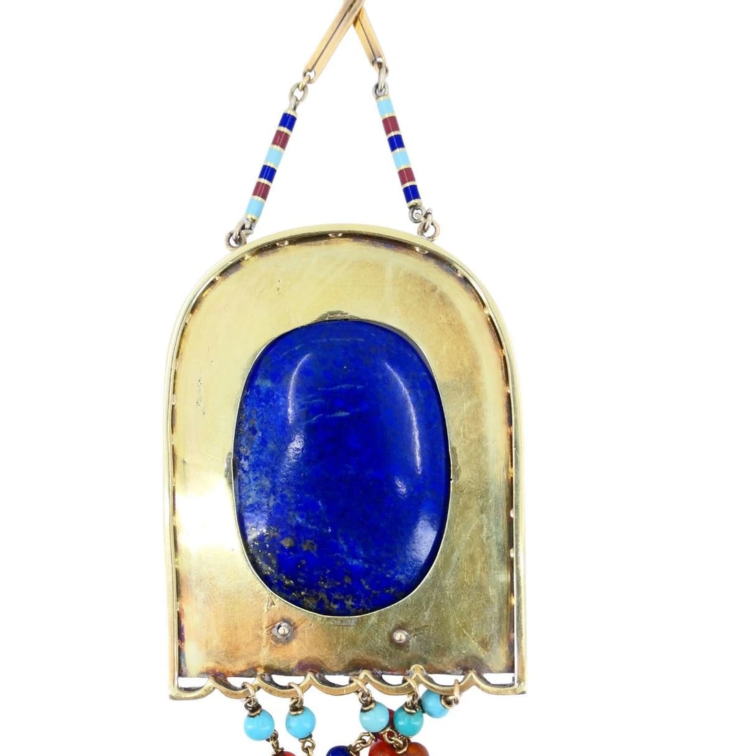 Egyptian Revival 14k Gold Gemstones Enamel Pendant Necklace - 6