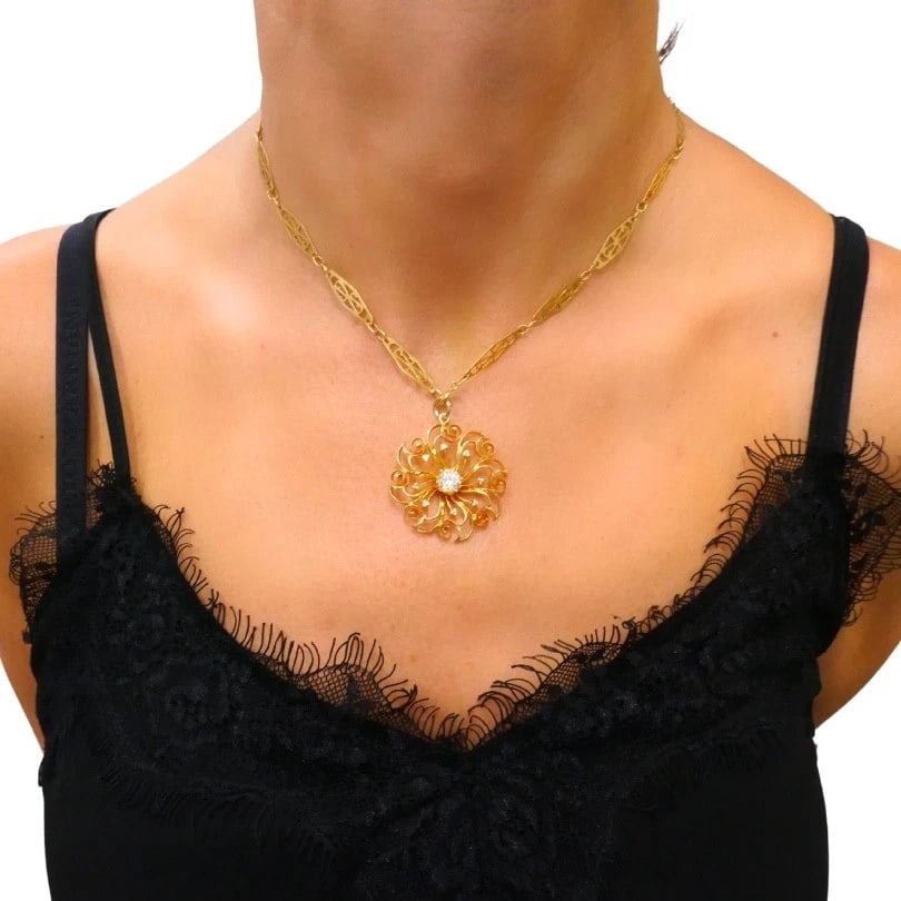 14k Diamond Pendant 18k Openwork Filigree Chain Necklace - 2