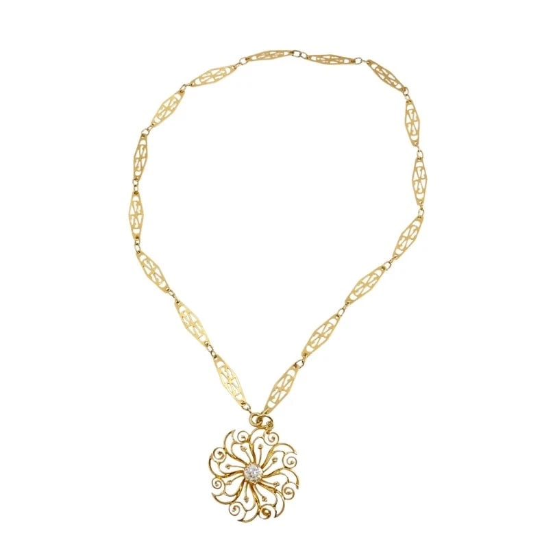 14k Diamond Pendant 18k Openwork Filigree Chain Necklace - 3
