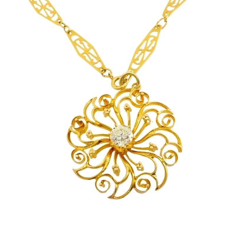 14k Diamond Pendant 18k Openwork Filigree Chain Necklace - 9
