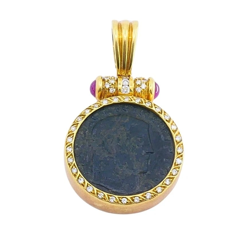Ancient Coin 18k Gold Diamond Ruby Pendant - 10