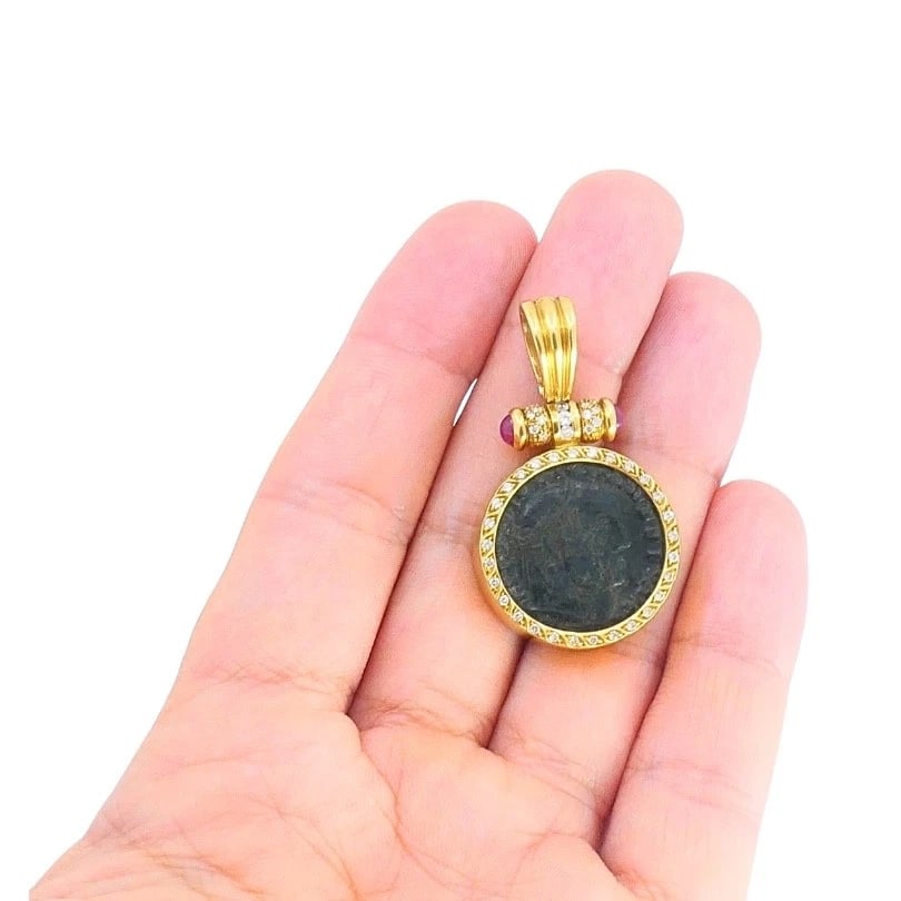 Ancient Coin 18k Gold Diamond Ruby Pendant - 2
