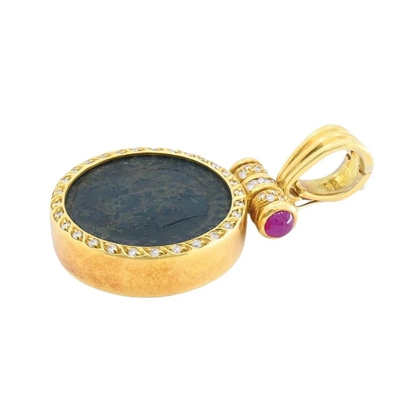 Ancient Coin 18k Gold Diamond Ruby Pendant - 4