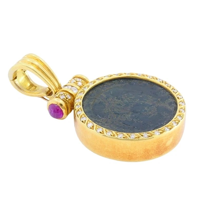 Ancient Coin 18k Gold Diamond Ruby Pendant - 5