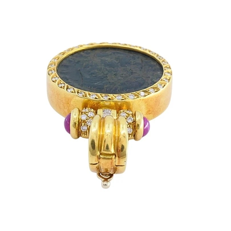 Ancient Coin 18k Gold Diamond Ruby Pendant - 6