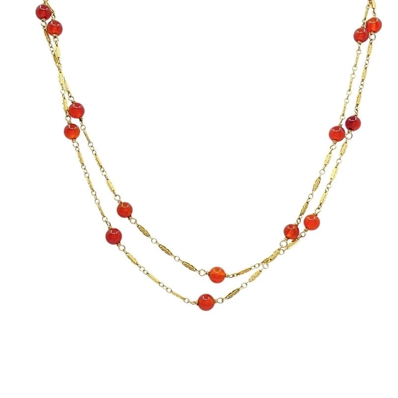 Vintage 14k Gold Carnelian Bead Necklace - 7