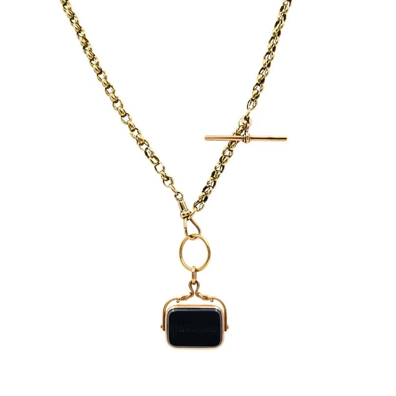 Antique 9k Gold Albert Chain Necklace Bloodstone Agate Pendant (1 of 12)