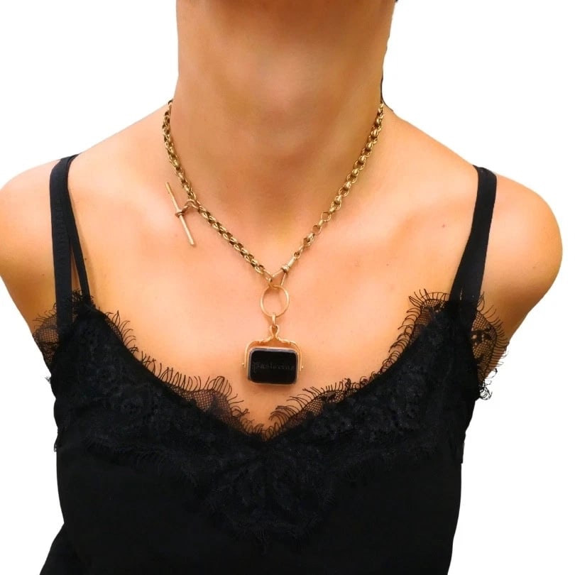 Antique 9k Gold Albert Chain Necklace Bloodstone Agate Pendant - 2