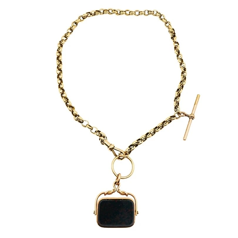 Antique 9k Gold Albert Chain Necklace Bloodstone Agate Pendant - 4