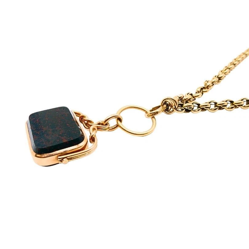 Antique 9k Gold Albert Chain Necklace Bloodstone Agate Pendant - 5