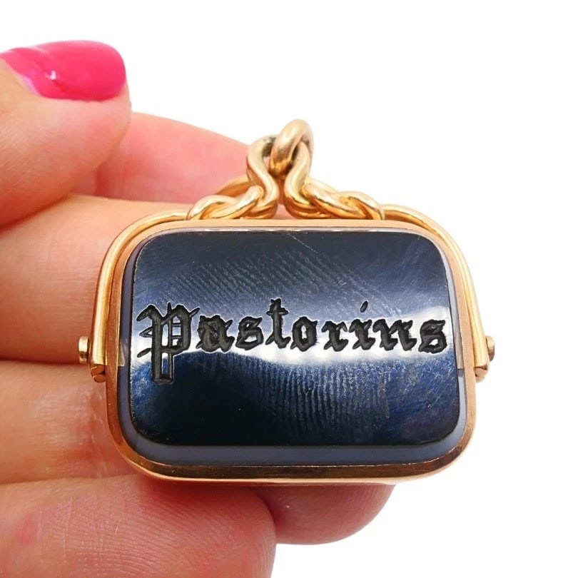 Antique 9k Gold Albert Chain Necklace Bloodstone Agate Pendant - 7