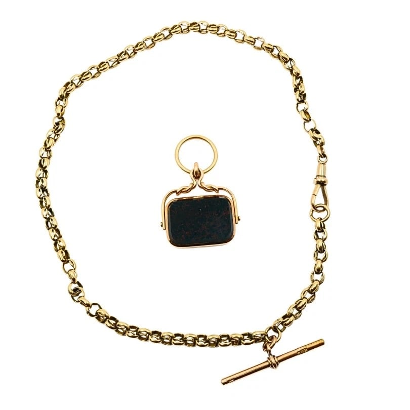Antique 9k Gold Albert Chain Necklace Bloodstone Agate Pendant - 8