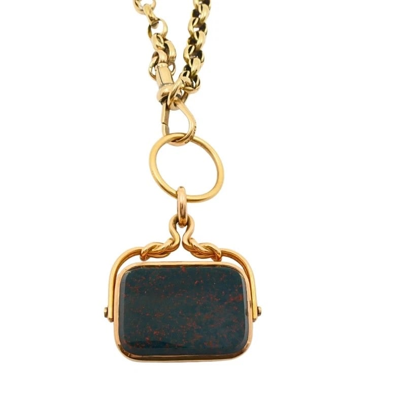 Antique 9k Gold Albert Chain Necklace Bloodstone Agate Pendant - 9