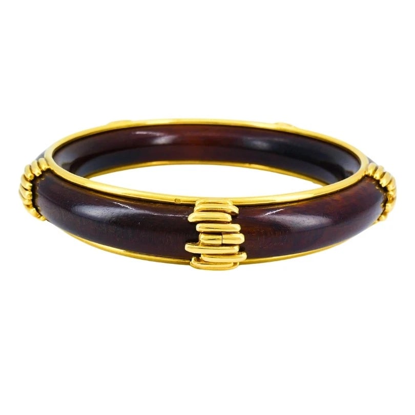 Vintage Van Cleef & Arpels 18k Gold Wood BANGLE BRACELET Estate Jewelry - 5