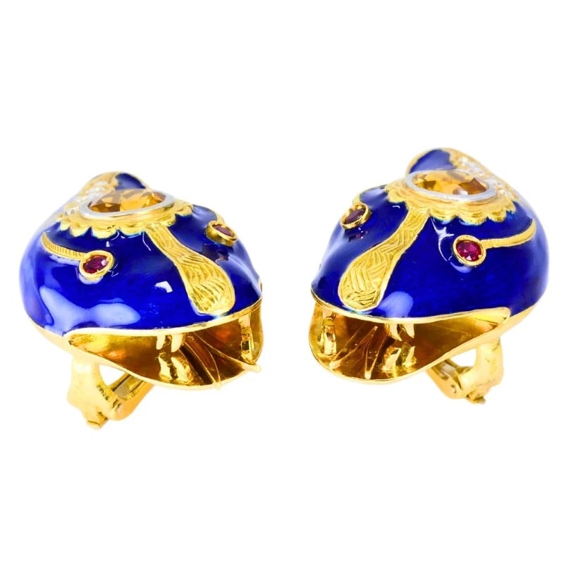 Vintage French 1950s Snake EARRINGS 18k Gold Platinum Blue Enamel Gemstones - 10