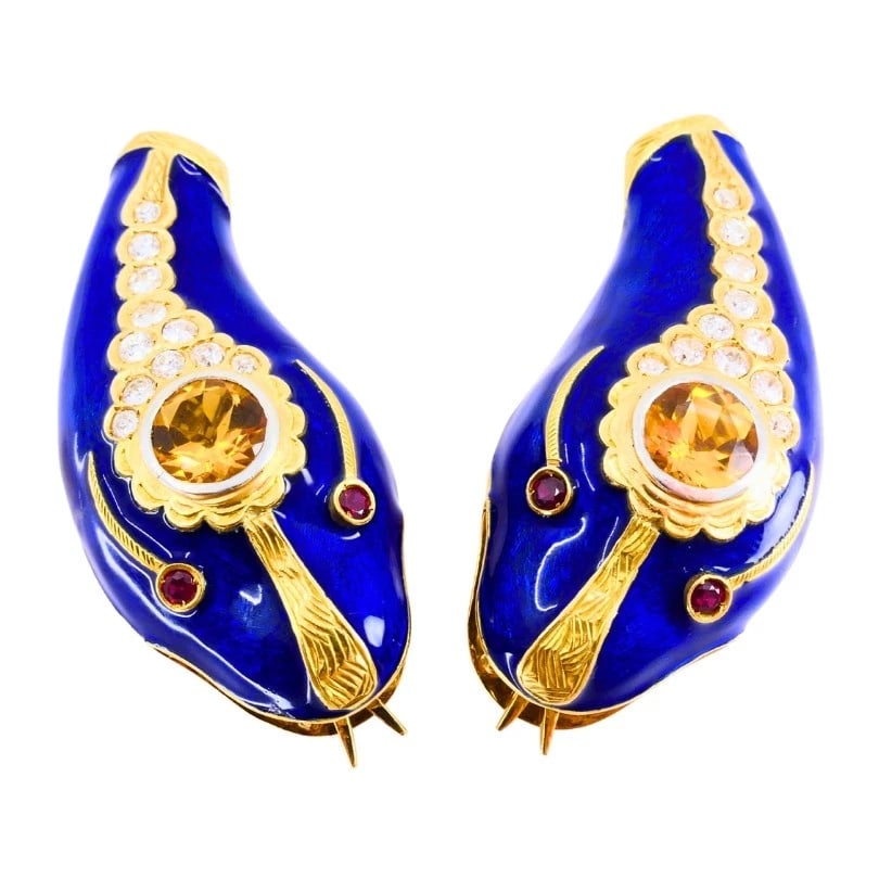 Vintage French 1950s Snake EARRINGS 18k Gold Platinum Blue Enamel Gemstones: VK JJOOO French 18 karat Yellow Gold Platinum Diamond Citrine Ruby Enamel Earrings These vintage circa 1950s snake earrings showcase a striking combination of 18k yellow gold, platinum, and deep blue