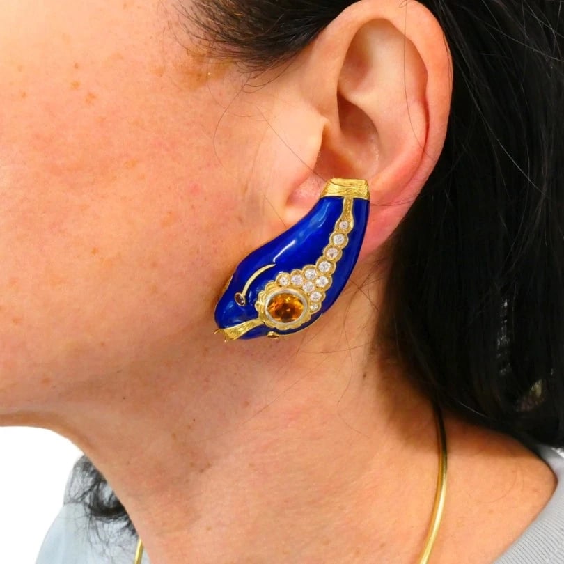 Vintage French 1950s Snake EARRINGS 18k Gold Platinum Blue Enamel Gemstones - 2