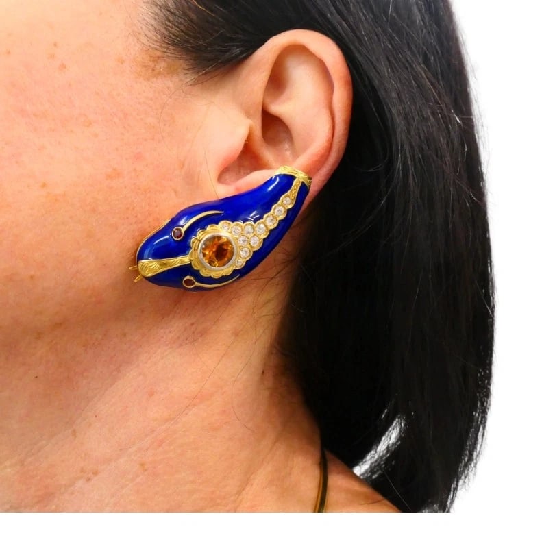 Vintage French 1950s Snake EARRINGS 18k Gold Platinum Blue Enamel Gemstones - 4