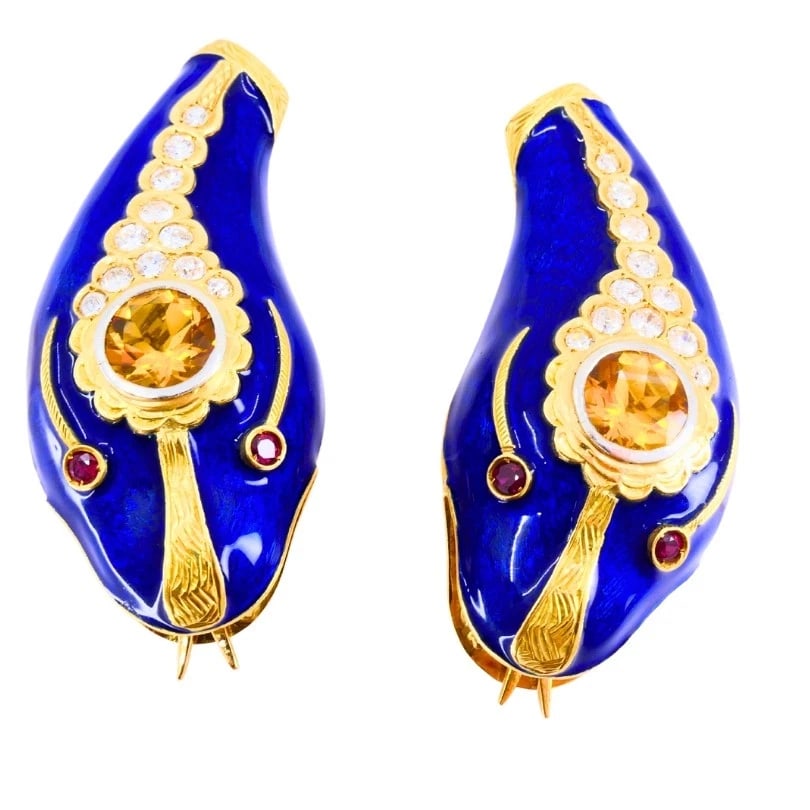 Vintage French 1950s Snake EARRINGS 18k Gold Platinum Blue Enamel Gemstones - 5