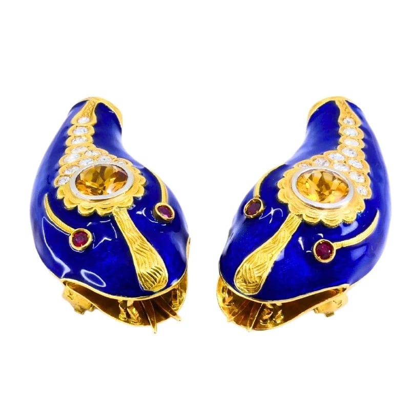 Vintage French 1950s Snake EARRINGS 18k Gold Platinum Blue Enamel Gemstones - 6
