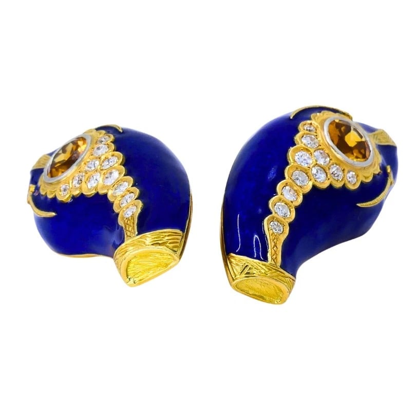 Vintage French 1950s Snake EARRINGS 18k Gold Platinum Blue Enamel Gemstones - 7