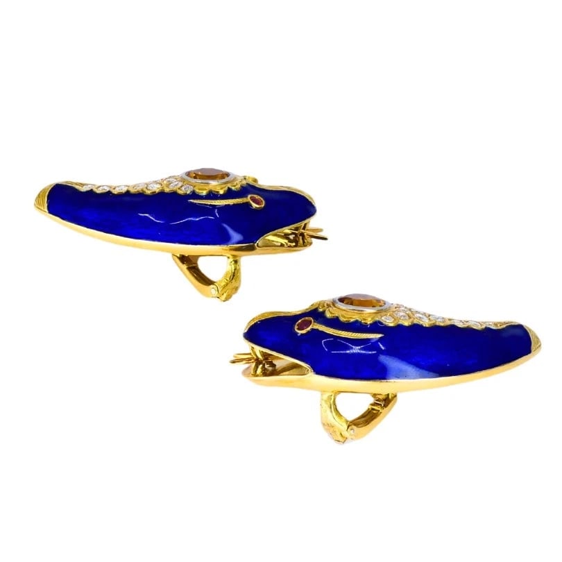 Vintage French 1950s Snake EARRINGS 18k Gold Platinum Blue Enamel Gemstones - 9