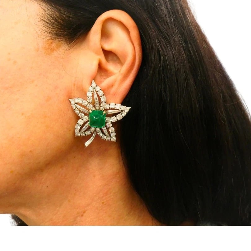 Vintage Platinum Diamond Floral EARRINGS Sugarloaf Emerald Estate Jewelry - 2