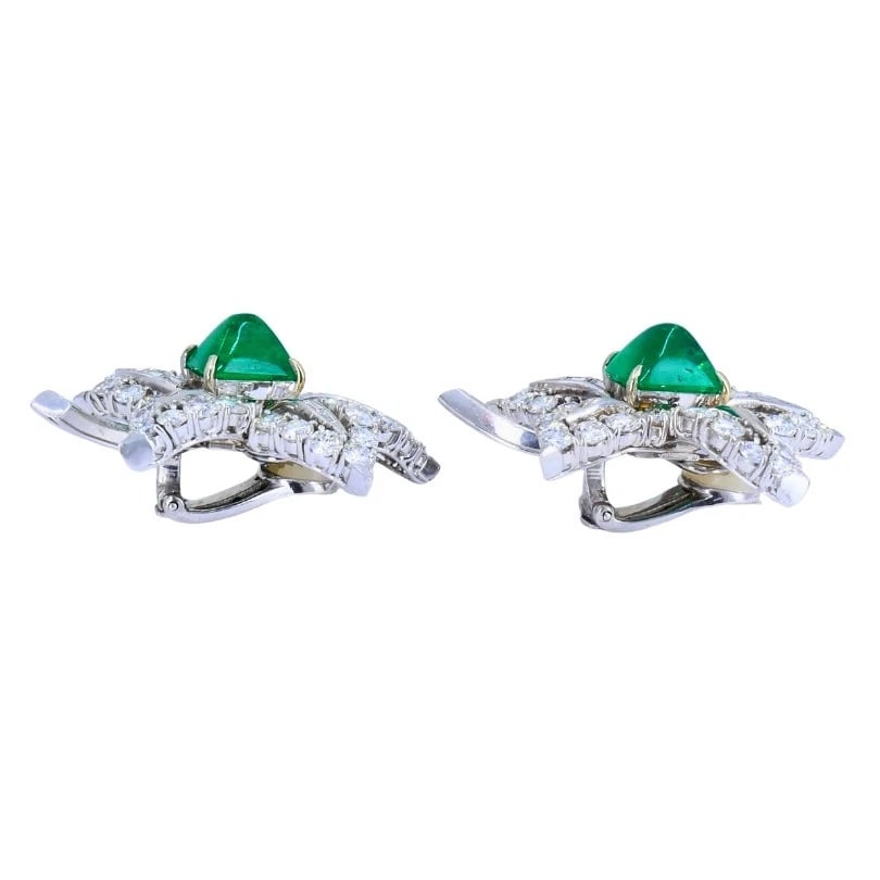 Vintage Platinum Diamond Floral EARRINGS Sugarloaf Emerald Estate Jewelry - 3